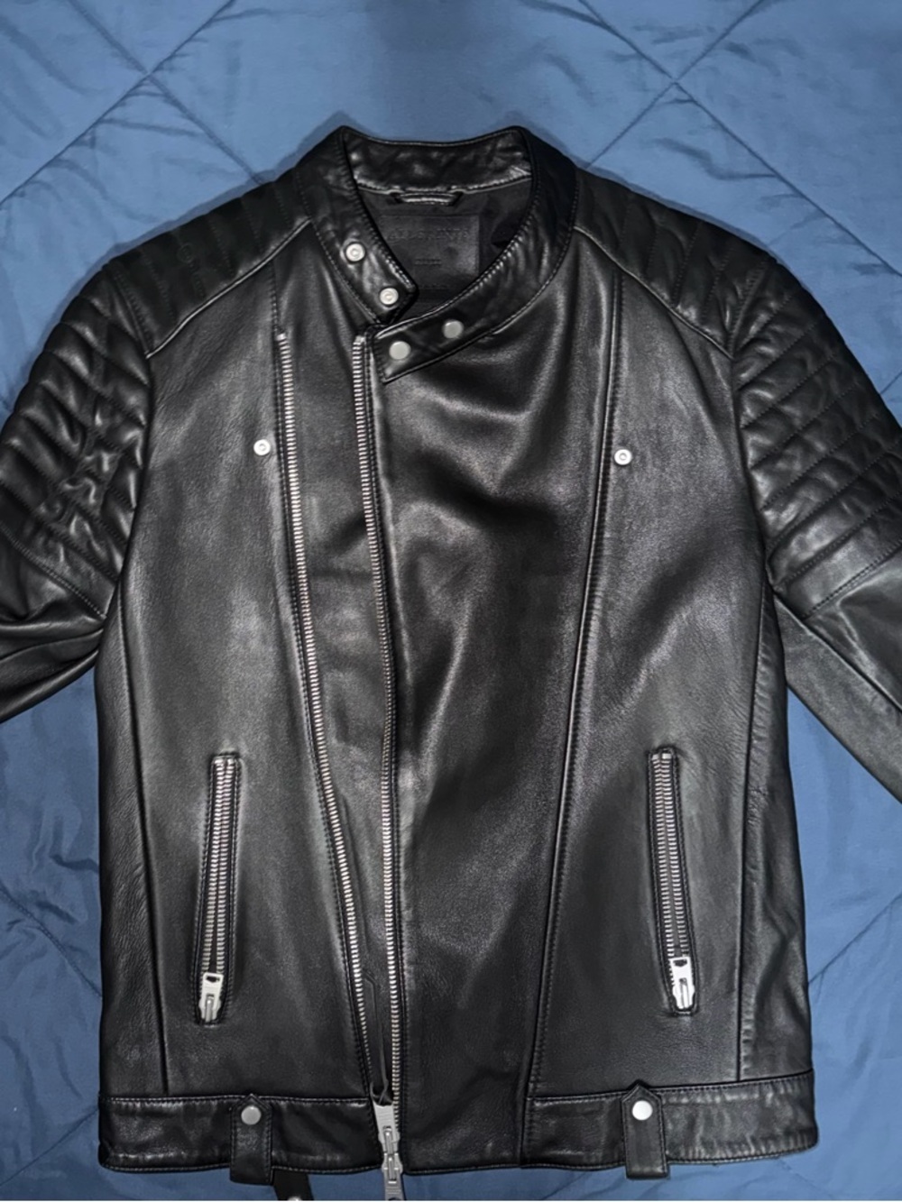 AllSaints Black Quilted-Sleeve Leather Bomber Jacket